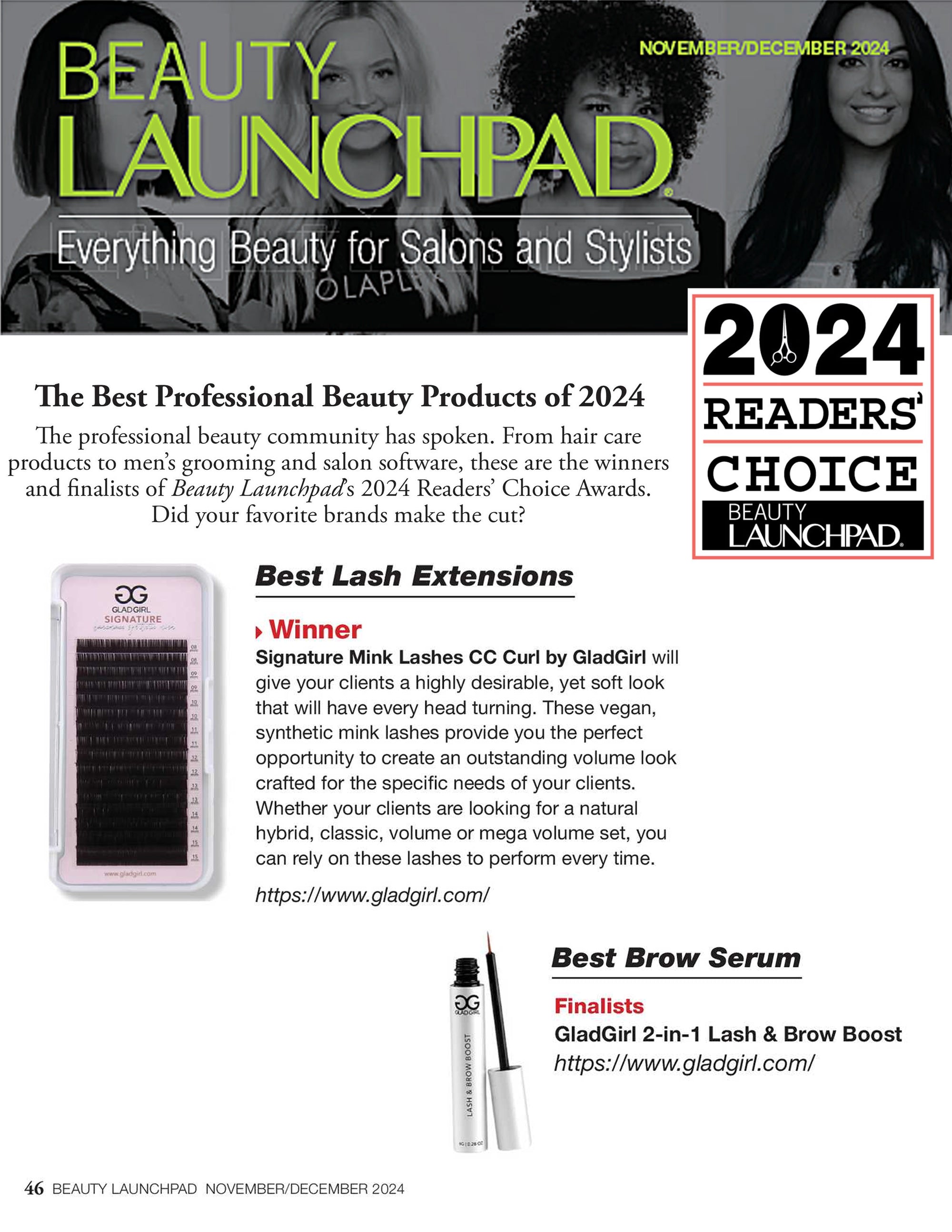 GladGirl Honored with 2024 Beauty Launchpad Readers’ Choice Award for Best Eyelash Extensions and Finalist for Best Brow Serum