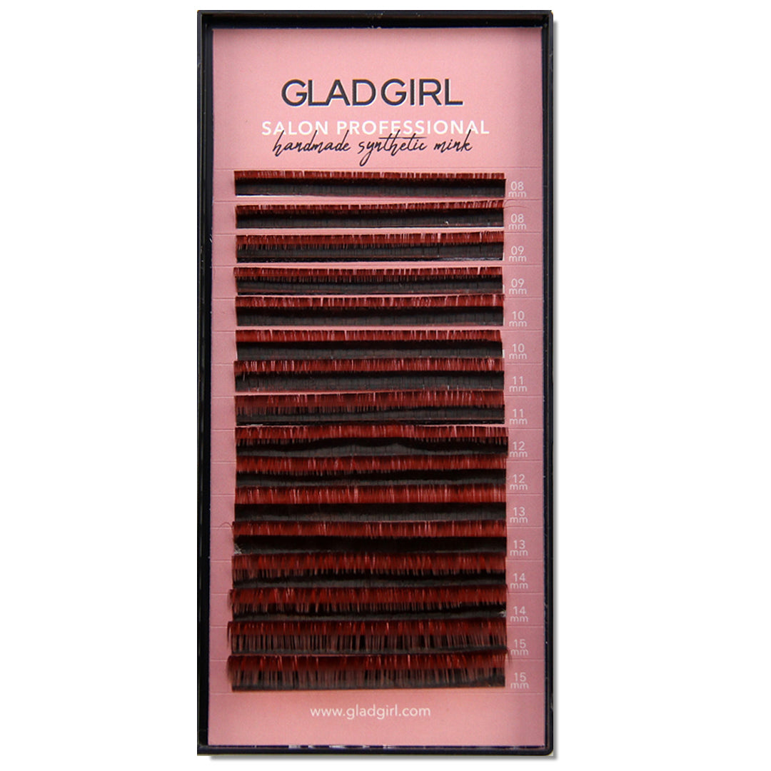 Salon Professional Mixed Length Auburn Lashes - D Curl, .07 x 8 through 15mm